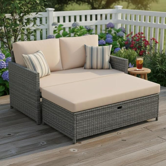Tangkula Outdoor Rattan Daybed, Wicker Loveseat & 31 Gallon Storage Ottoman w/Soft Cushions, Space-Saving 2-Person Sun Lounger Daybed for Backyard, Porch (Beige)