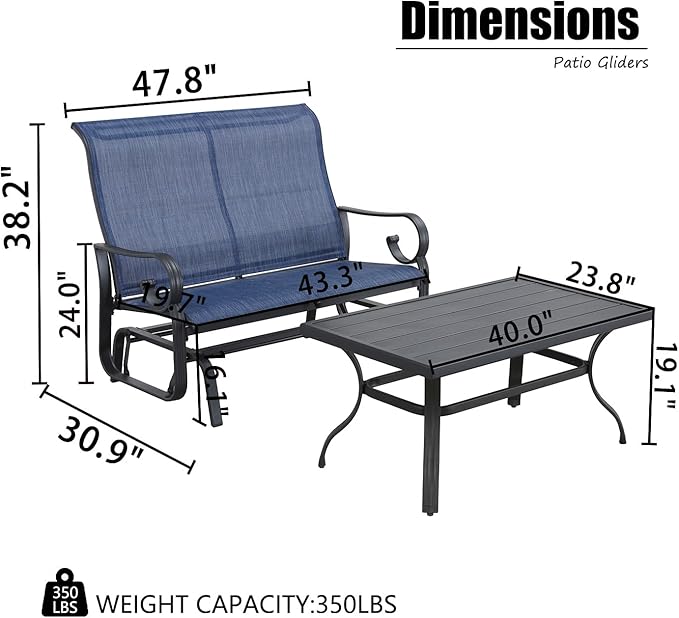 PatioFestival 2 Pcs Patio Glider Bench Set - Outdoor Loveseat Glider Chair with Metal Coffee Table, Textilene Fabric - Photo 2