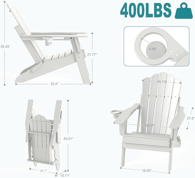 FOOWIN Adirondack Chair Set of 2, Folding HDPE Patio Chairs with Cup Holder, 400LBS Heavy Duty Outdoor Chairs for Fire Pit, Porch, Deck, Garden, Weather Resistant, White