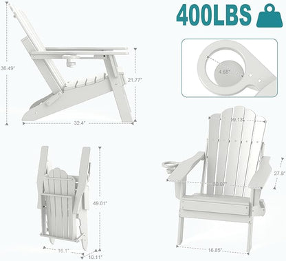FOOWIN Adirondack Chair Set of 2, Folding HDPE Patio Chairs with Cup Holder, 400LBS Heavy Duty Outdoor Chairs for Fire Pit, Porch, Deck, Garden, Weather Resistant, White