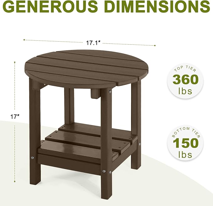 Adirondack Outdoor Side Tables, 2-Tier Round Outdoor Table, Weather Resistant HDPE Patio End Table for Garden, Lawn, Pool, Beach, Porch, Deck, Backyard - Dark Brown
