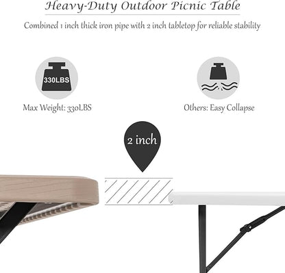 Giantex Picnic Table Bench Set Outdoor Camping All Weather Metal Base Wood-Like Texture Backyard Poolside Dining Party Garden Patio Lawn Deck Furniture Large Camping Picnic Tables for Adult