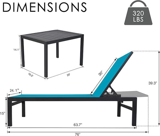 Kozyard 3Pieces Outdoor Chaise Lounge, Aluminum Frame and Textilene Fabric, Adjustable Reclining Patio Lounger for Poolside, Sunbathing & Backyard (Blue, 2Chairs with Table)