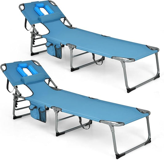 COSTWAY Folding Beach Lounge Chair, Tanning Chair with Face Hole, 5-Position Adjustable Backrest, Pillow & Side Pocket, Foldable Chaise Lounge Outdoor for Sunbathing, Camping (2, Blue)
