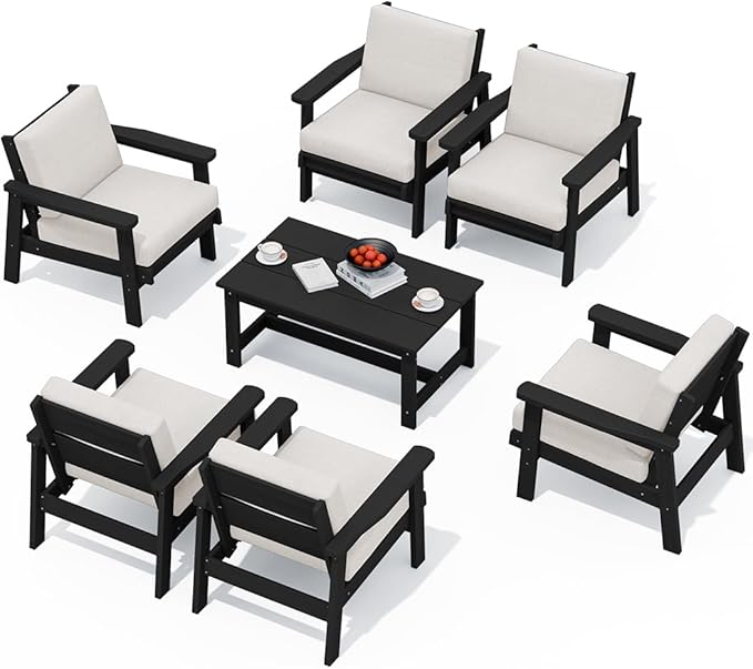 SERWALL Patio Conversation Sets, 7 Piece, Black Frame with Khaki Cushions - Photo 1