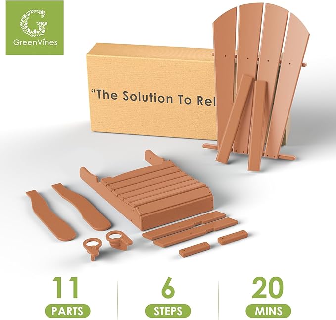 GREENVINES Adirondack-Chairs-with-Ottoman | Set of 2 | Folding | Retractable-Footrest | HDPE Plastic | All Weather Fire Pit Chair | Cup Holders | Teak | for Outdoor Poolside