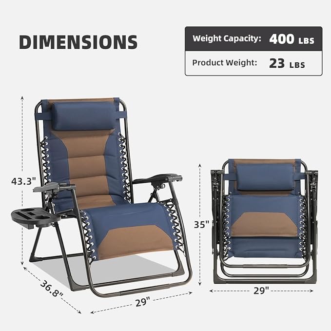 Zero Gravity Chair Set of 4 Oversized Padded Recliner with Adjustable Headrest & Cup Holder - 600D Oxford Folding - Photo 3