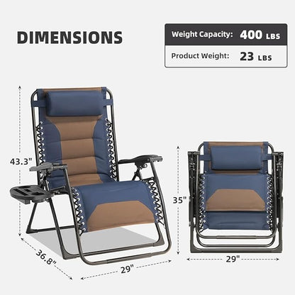 Zero Gravity Chair Set of 4 Oversized Padded Recliner with Adjustable Headrest & Cup Holder - 600D Oxford Folding Lounge Chair for Outdoor Camping, Patio, Poolside (Brown & Blue)