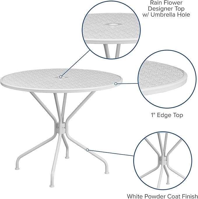 Flash Furniture Oia Commercial Grade 35.25" Round White Indoor-Outdoor Steel Patio Table with Umbrella Hole