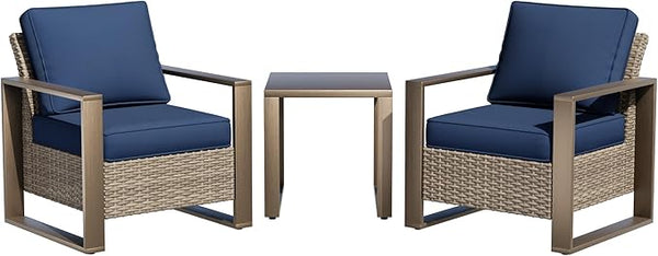 Outdoor Wicker Metal Chairs Set of 2 with Matching Side Table - 3 Pieces Patio Bistro Set with Removable Olefin Fabric - Photo 1