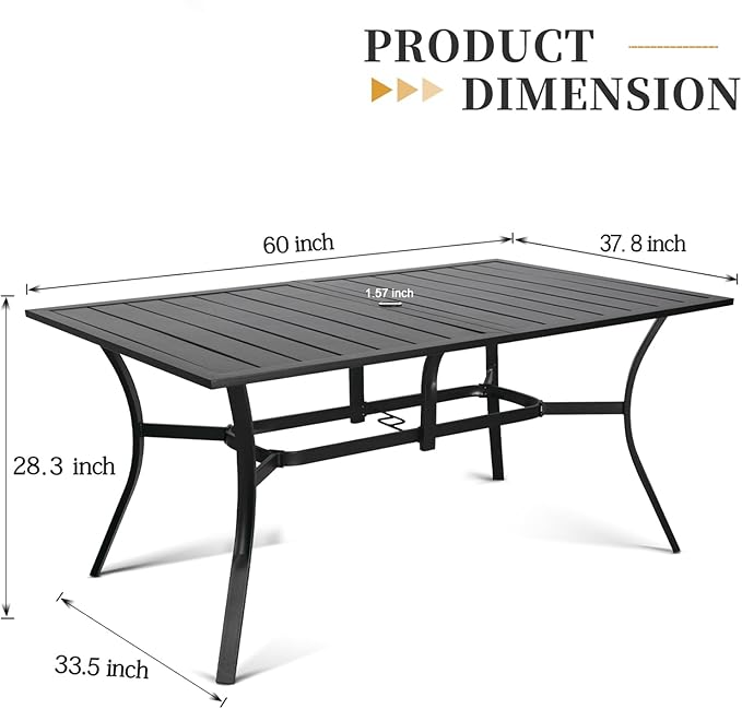 SOLAURA Outdoor Dining Table, 60" x 38" Patio Metal Steel Slat Table for 6-Person with 1.57" Umbrella Hole, for Gardens or Backyards, Black
