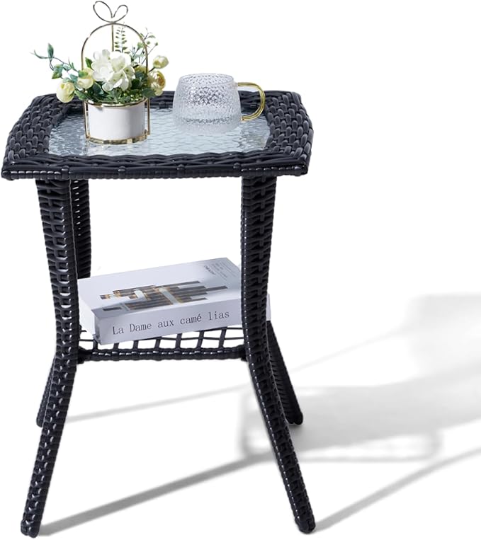 Outvita Outdoor Side Table, Patio Rattan Coffee Table Small End Table with Glass Tabletop and Storage Shelf for Patio Porch Backyard Balcony Living Room