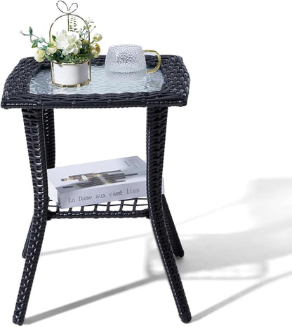 Outvita Outdoor Side Table, Patio Rattan Coffee Table Small End Table with Glass Tabletop and Storage Shelf for Patio Porch Backyard Balcony Living Room