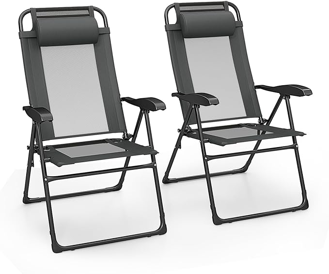 Giantex Set of 2 Patio Folding Chairs, Portable Outdoor Dining Chairs with 7-Level Adjustable Backrest, Headrest - Photo 1