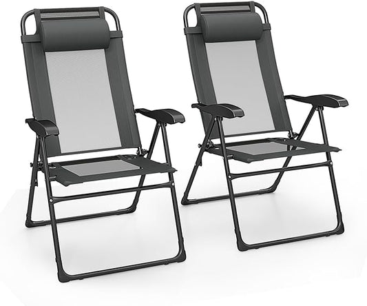 Giantex Set of 2 Patio Folding Chairs, Portable Outdoor Dining Chairs with 7-Level Adjustable Backrest, Headrest, Metal Frame, Outside Recliner for Front Porch Camping Picnic Lawn Garden, Dark Gray