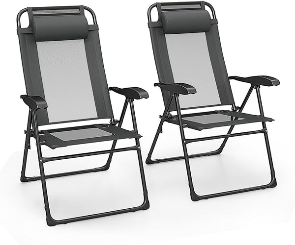 Giantex Set of 2 Patio Folding Chairs, Portable Outdoor Dining Chairs with 7-Level Adjustable Backrest, Headrest - Photo 1