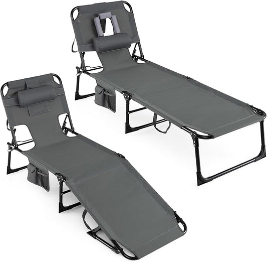 Giantex Face Down Tanning Chair, Folding Beach Lounge Chair w/ 4-Position Adjustable Backrest, Outdoor Sunbathing Lounge Chair w/Face Arm Holes & Storage Pocket for Patio Deck Poolside (2, Gray)