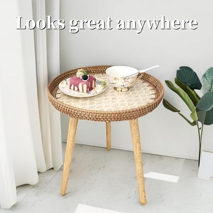 Small Rattan Side Table/Round Coffee Table for Small Spaces, Mini Modern Coffee Table with Shell Design Tray - Photo 7