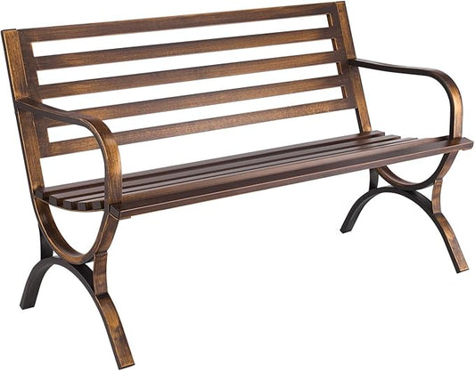 VEVOR Outdoor Bench, 50 inch, Carbon Steel Metal Frame with Slatted Pattern Backrest and Round Edge Armrests, Weatherproof Outside Bench for Patio, Garden, Park, Yard, Front Porch, Antique Bronze