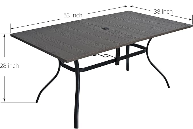 Outdoor Rectangle Dining Table 6-Person with 1.57" Umbrella Hole Metal Steel Backyard Bistro Table for Garden, Poolside, Backyard, Brown