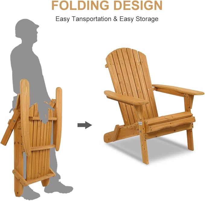 VINGLI Wooden Adirondack Chair 350 LBs Support Ergonomic Design, Folding Outdoor Patio Fire Pit Lounge Armchair Furniture w/Natural Finish, for Beach, Poolside, Balcony