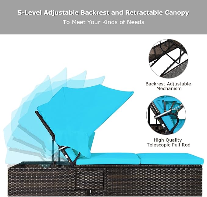 COSTWAY Patio Rattan Lounge Chair Chaise Cushioned Top Canopy Adjustable Turquoise - Photo 7