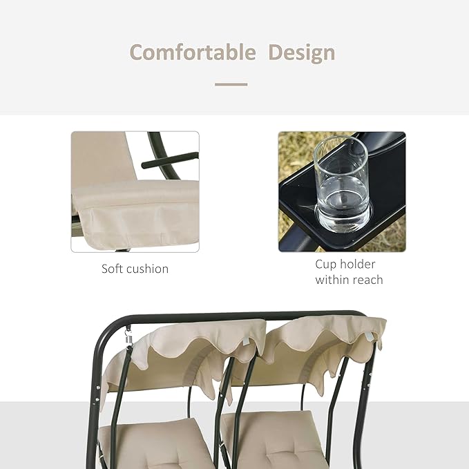 Outsunny Patio Swing Chair with 2 Separate Seats, Outdoor Swing Glider with Removable Canopy and Cup Holders, for Porch - Photo 5