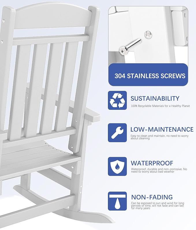 FOOWIN Outdoor Rocking Chair Set of 4, High Back Patio Rocking Chair, HDPE All Weather Resistant Porch Rocker for Adult, Oversized Rocking Chairs for Garden, Lawn, Indoor & Outdoor Use, White