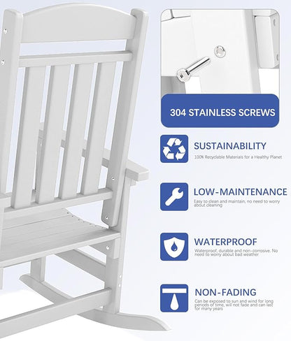 FOOWIN Outdoor Rocking Chair Set of 4, High Back Patio Rocking Chair, HDPE All Weather Resistant Porch Rocker for Adult, Oversized Rocking Chairs for Garden, Lawn, Indoor & Outdoor Use, White