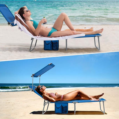 Giantex Tanning Chair, Patio Chaise Lounge Chair with 5 Adjustable Position, Shade Canopy, Storage Pocket, Camping Cot, Outdoor Sunbathing Recliner for Poolside, Lawn Folding Beach Chairs(2, Navy)