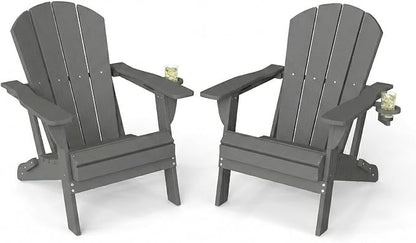 Kingdura Folding Adirondack Chairs Set of 2, Portable HDPE Outdoor Patio Chair with Wooden Textured & Cup Holder, Weather Resistant, 380LBS Capacity for Pool, Backyard, Balcony, Fire Pit (Grey)