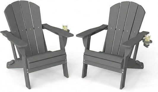 Kingdura Folding Adirondack Chairs Set of 2, Portable HDPE Outdoor Patio Chair with Wooden Textured & Cup Holder, Weather Resistant, 380LBS Capacity for Pool, Backyard, Balcony, Fire Pit (Grey)