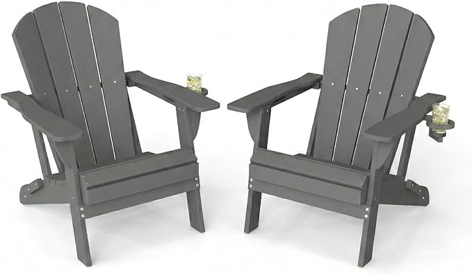 Kingdura Folding Adirondack Chairs Set of 2, Portable HDPE All Weather Resistant Outdoor Patio Chair, Wooden Textured with Cup Holder, 380LBS Capacity for Poolside, Backyard, Fire Pit (Grey)