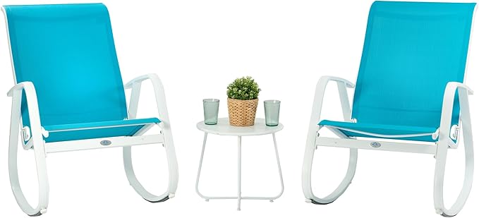 Kozyard Outdoor Patio Rocking Sling Chair, Powder Coated Aluminum Frame, Weather Resistant and Breathable Mesh Fabric for Patio, Porch, Yard, Garden (Blue, 2Chairs + Table)