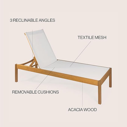 JONATHAN Y LNG1001A Lagunan 77.56"x26.38" Modern Minimalist Adjustable Acacia Wood Chaise Outdoor Lounge Chair Coastal, Transitional, Classic, Mid-Century, Contemporary, White/Natura