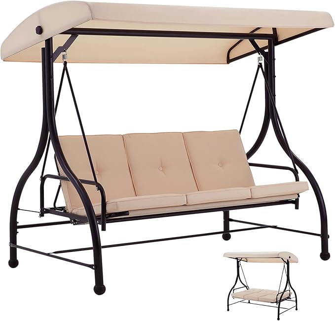 AECOJOY Porch Swing Chair, 3 Seats Porch Swing Adjustable Canopy Outdoor Swing with Stand Patio Swing Bed with - Photo 1