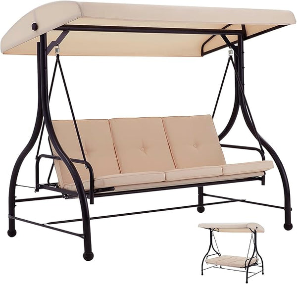 AECOJOY Porch Swing Chair, 3 Seats Porch Swing Adjustable Canopy Outdoor Swing with Stand Patio Swing Bed with - Photo 1