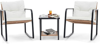 Verano Garden 3 Pieces Rocking Bistro Set,Small Wicker Patio Furniture Set, Outdoor Patio Rocking Chairs Set with 2-Tier Coffee Table, Wicker Patio Chairs Set for Porch,Balcony,Yard,Garden