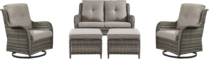 Rilyson Wicker Patio Furniture Set - 5 Piece Rattan Outdoor Sectional Conversation Sets with 2 Rocking Swivel Chairs - Photo 1