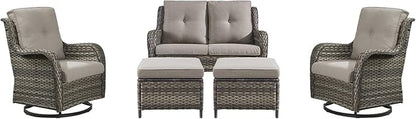 Rilyson Wicker Patio Furniture Set - 5 Piece Rattan Outdoor Sectional Conversation Sets with 2 Rocking Swivel Chairs,2 Ottomans and 1 Loveseat for Porch Deck Garden(Mixed Grey/Grey)