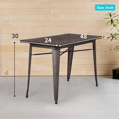 FDW Heavy Duty Outdoor Dining Table Metal Kitchen Table Metal Table Bar Coffee Table Home Restaurant Wood Top Table Patio Dining Table Indoor Outdoor Metal Base Table, Bronze (Rectangle)