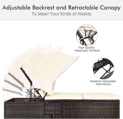 RELAX4LIFE Rattan Chaise Lounge Chair - PE Wicker Reclining Lounger with 5-Position Adjustable Backrest, Retractable Canopy, Side Table & Cushions, Sun Lounger for Garden, Porch & Beach (1, White)