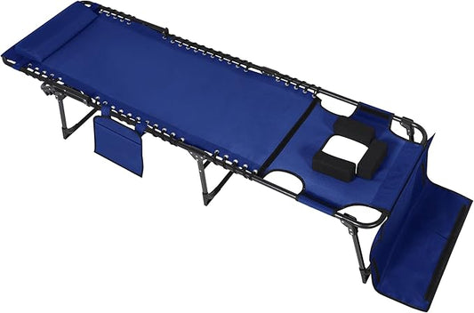 Outdoor Foldable Chaise Lounge Chair with Face Hole, Portable Tanning Chair with 5 Position Adjustable Back, Detachable Pillow & Pocket for Patio, Beach and Pool, Blue