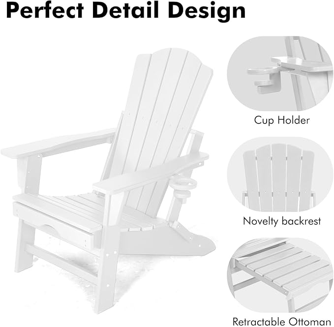 Folding Adirondack Chair with Retractable Ottoman Set of 2, All Weather Fire Pit Chairs with Cup Holder, Outdoor Chair with Ottoman,White