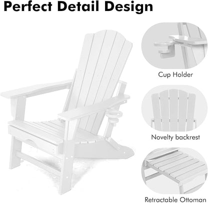 Folding Adirondack Chair with Retractable Ottoman Set of 2, All Weather Fire Pit Chairs with Cup Holder, Outdoor Chair with Ottoman,White