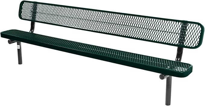 COATEDOUTDOORFURNITURE Coated Outdoor Furniture Heavy-Duty Outdoor Bench Thermoplastic Coated, Expanded Metal, Commercial-Grade Seating, Made in America (Inground with Back, 8 Ft, Dark Green)