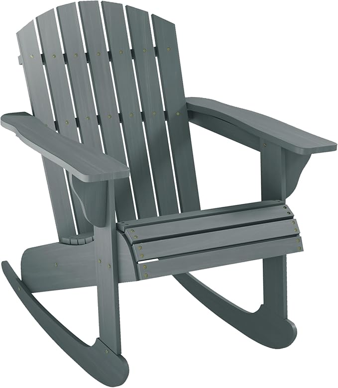 Outsunny Wooden Adirondack Rocking Chair Outdoor Lounge Chair Fire Pit Seating with Slatted Wooden Design, Fanned Back, & Classic Rustic Style for Patio, Backyard, Garden, Lawn, Gray