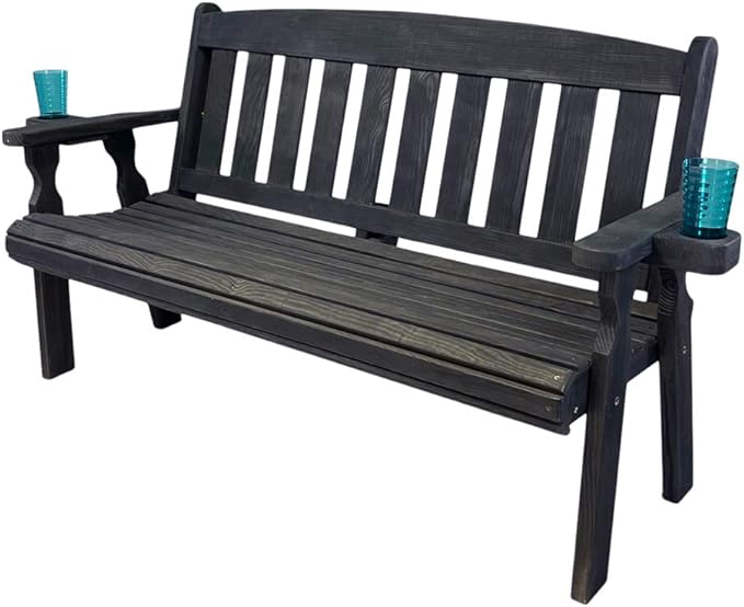 Amish Casual Heavy Duty 800 Lb Mission Pressure Treated Garden Bench with Cupholders (5 Foot, Semi-Solid Black Stain)