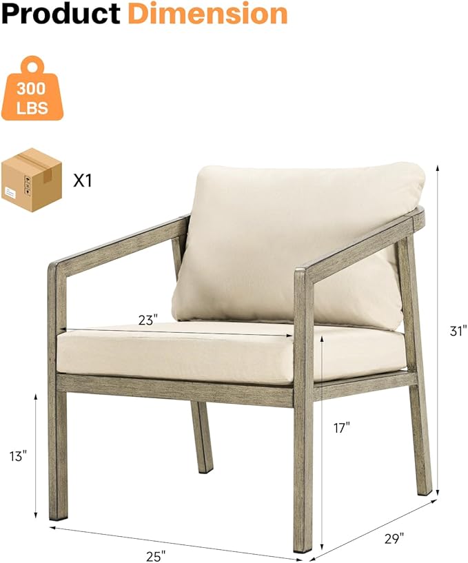 Patio Sofa Chairs Set of 2, Never-Rust Aluminum Outdoor Armchair with Thick Cushions, All Weather 2 Pieces Outdoor Club Chairs, Outdoor Sofa Chairs for Deck, Backyard, Porch, Gray Oak | Never-Rust, Wood-Grain Texture, Wraparound Design, All Weather, Re...