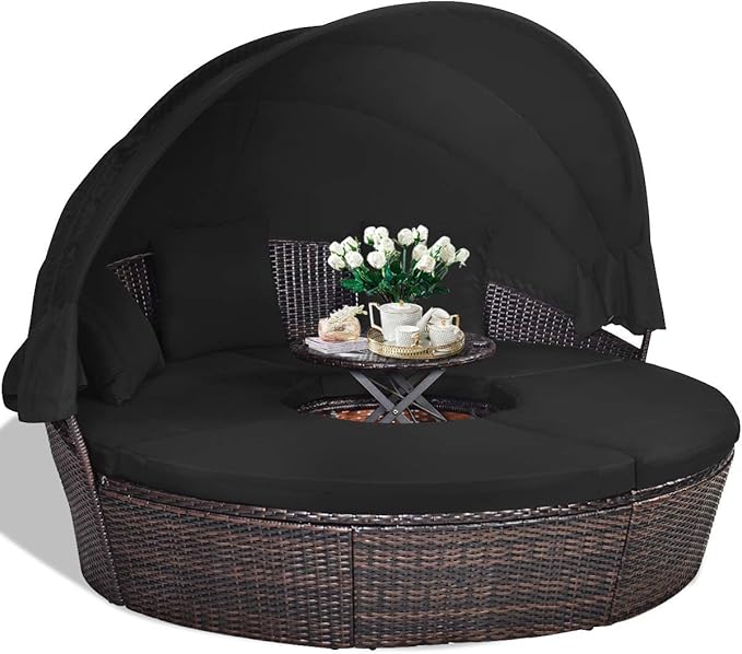 HAPPYGRILL Patio Daybed with Canopy Outdoor Furniture Set Sofa Set Rattan Wicker Round Daybed with Soft Cushions Coffee - Photo 1